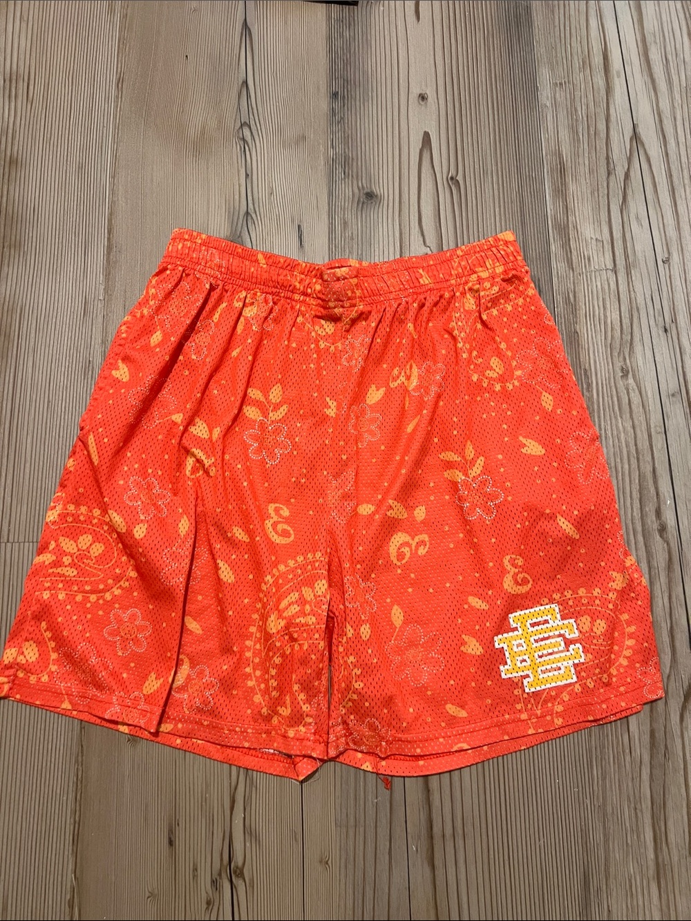Eric Emanuel Orange Paisley Mesh Shorts with Yellow Accent